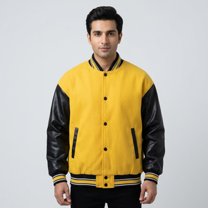 <b>Jackets</b> With <b>Leather</b> Sleeves Wholesale <b>Long</b> Sleeve <b>Leather</b> Windproof Quilted Men Varsity <b>Jacket</b> - Product Image 1