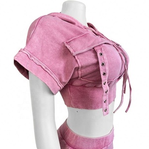 2024 flores fritas Vintage Patchwork botón Sudadera con capucha a juego <span class=keywords><strong>Mini</strong></span> falda ropa de mujer conjuntos lavados con ácido - Product Image 2