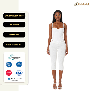 A&J 260G Ensemble Bustier Femme en Coton Sergé à Bonnets Moulés, Legging Capri en Dentelle Cordonnée, Peplum à Baleines et Ourlet Festonné, Design Sur Mesure GRS - Product Image 1