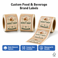 Étiquettes adhésives transparentes personnalisées de haute qualité, à motifs, en rouleaux, pour emballages alimentaires raffinés et étiquettes pour snacks