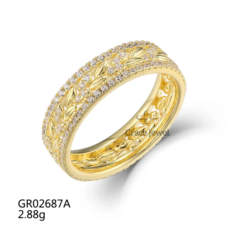 Grace Rich Hollow Out Full Circle Cubic Zirconia 925 Sterling Silver 18K Gold Plated Ring Jewelry