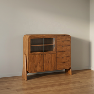 Buffet en bois massif de style mid-century modern avec portes vitrées et tiroirs, meuble de rangement pour salon - Product Image 1