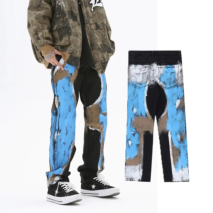 Streetwear fashion hip hop style pants denim wholesale high quality men's paint jeans crackle painted jeans custom