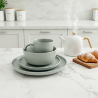 Services de table modernes en céramique et grès |   Ensemble de 4 assiettes et bols gris |   Utilisation à domicile, à l'hôtel, au restaurant, compatible lave-vaisselle, compatible four, résistant à la chaleur