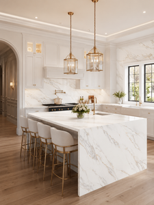 แผ่นควอตซ์ขนาดใหญ่ UNION STONE Calacatta Aurora หนา 15-30 มม. ทนทาน เป็นมิตรกับสิ่งแวดล้อม กันน้ำ ดีไซน์ทันสมัย สำหรับผนังและพื้นห้องครัว - Product Image 2
