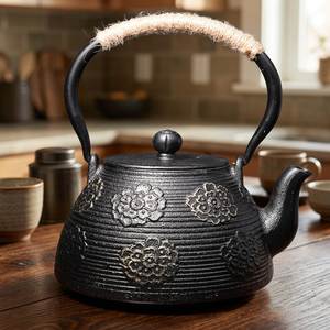 Bouilloire à thé traditionnelle chinoise en fonte avec motif floral et poignée en corde, pot à eau avec couvercle - Product Image 6