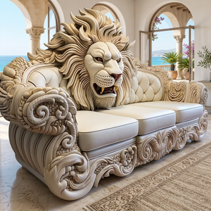 European Antique Lion Head Carved Genuine Leather Teak <b>Wood</b> <b>Frame</b> L-Shape Sectional <b>Sofa</b> Set Tufted Back Luxury Living Room - Product Image 4