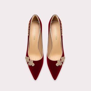 Chaussures simples à enfiler pour femme, rouges, en brocart, avec broderie de perles, à talons hauts et fins, double usage, tendance mode - Product Image 3