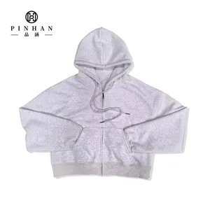 Women's Sports Casual Cropped Hoodies Long Sleeve Sweatshirts Gray Hooded Full Zip Up Jacket With Drawstring