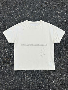 Camiseta Vintage para Hombre, Estilo Retro, Desgastada con Agujeros, Oversize, de Algodón, Blanca Lavada, Estilo Grunge Urbano, Corte Holgado - Product Image 3