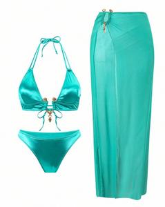 JSN 2026 Nuovo Design Bikini Due Pezzi con Copricostume per Signore, Costume da Bagno Donna Tinta Unita con Allacciatura al Collo e Schiena Scoperta di Alta Qualità - Product Image 3