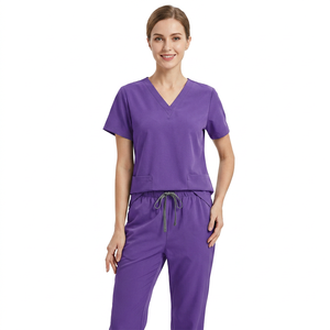 Conjunto de uniforme médico unisex morado con cuello en V y pantalón, logotipo personalizado, tela Dobby, detección de agujas - Product Image 3
