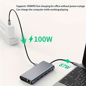 USB Type-<b>C</b> <b>Hub</b> Adapter 11-in-1 Laptop Docking Station Dual HDTV VGA RJ45 SD TF for MacBook Dell XPS Hp Lenovo ThinkPad - Product Image 3