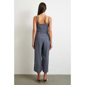 Mono minimalista de cintura alta con tirantes, gris, de lino y algodón, transpirable, para uso diario de mujer - Product Image 1