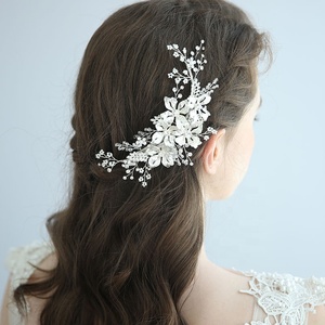 Handmade <strong>Silver</strong> Flower Hair <strong>Clips</strong> for Women Wedding Crystal Beads Barrette Bridal Fancy Wholesale Anniversary Engagement Alloy - Product Image 2