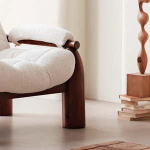 Fauteuil capitonné en bois massif, style vintage, chaise de salon, design minimaliste en tissu - Product Image 4