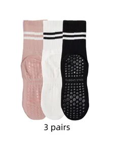 3 paires de chaussettes de yoga de longueur moyenne, pur coton antidérapant silicone indoor fitness pilates, chaussettes de sport pour femmes en gros