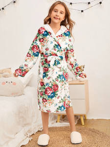 Mamá y yo hija pijamas ropa estampado Floral con capucha cinturón salón dormir Bata - Product Image 3