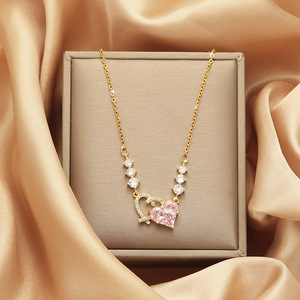 New Romantic Pink Zircon Pendant Necklace Geometric Heart Shaped Flowers <b>Titanium</b> Steel <b>Chain</b> Choker Necklace Gift - Product Image 2