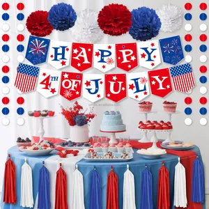 Umiss party decor Happy 4th of July banners with paper pompom and tassels for party decorations