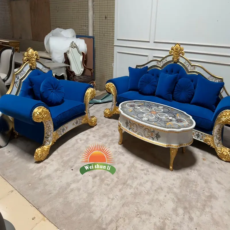 Weishunli Home French Luxury Style Solid Wood Furniture High-end Sofa Classical Living Room Sofa Set With Gold/silver Paint
