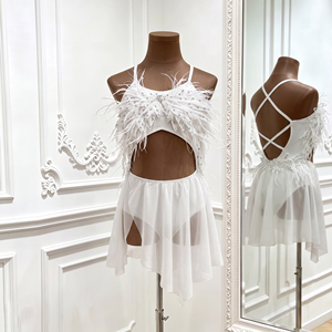 Adult Girls White Angel Performance Wear Stage Dress Rhinestone Crop <b>Top</b> Dance Costume <b>Flowy</b> Asymmetrical Skirt Lyrical Dress - Product Image 3