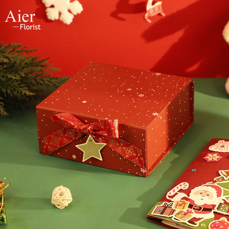 Aierfiorist nuovo Design pieghevole scatola regalo con fiocco rosso vuoto scatola di imballaggio natalizia confezione regalo di natale