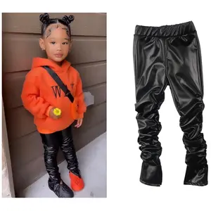 2022 Latest Wholesale Kids winter fall Faux Leather Leggings - Black Toddler Girls Stacked Pants Set Can Add Logo With Small Moq