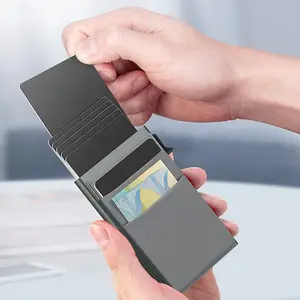 Dompet RFID Mini otomatis muncul, dompet RFID Mini, dompet kartu Bank ramping aluminium dengan kantung belakang elastis, tempat kartu kredit ID
