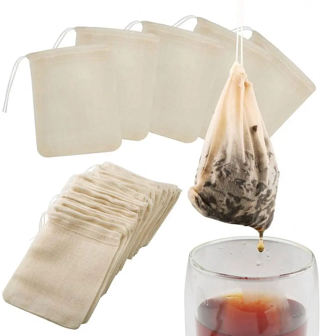 Çay filtre torbaları 50 paket yeniden kullanılabilir pamuk % çay poşetleri boş ağartılmamış filtre torbaları