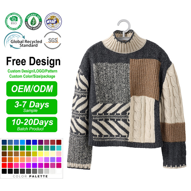 Women's Vintage Patchwork Cable Knit Sweater Turtleneck Multi Pattern Color Block Chunky Oversized Fit Breathable 3GG Sweaters