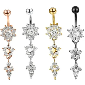 2023 Vàng Bạc Dễ Thương Hoa Thép Không Gỉ Blingbling Pha Lê Rhinestone Bụng Nhẫn Nữ Rốn Bụng Nút Nhẫn