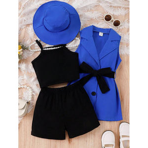 الأكثر مبيعًا الصيف فتاة حمالة سترة فرنسية + شورت + طية صدر سترة بلا أكمام + قبعة بأربطة بدلة من أربع قطع - Product Image 2