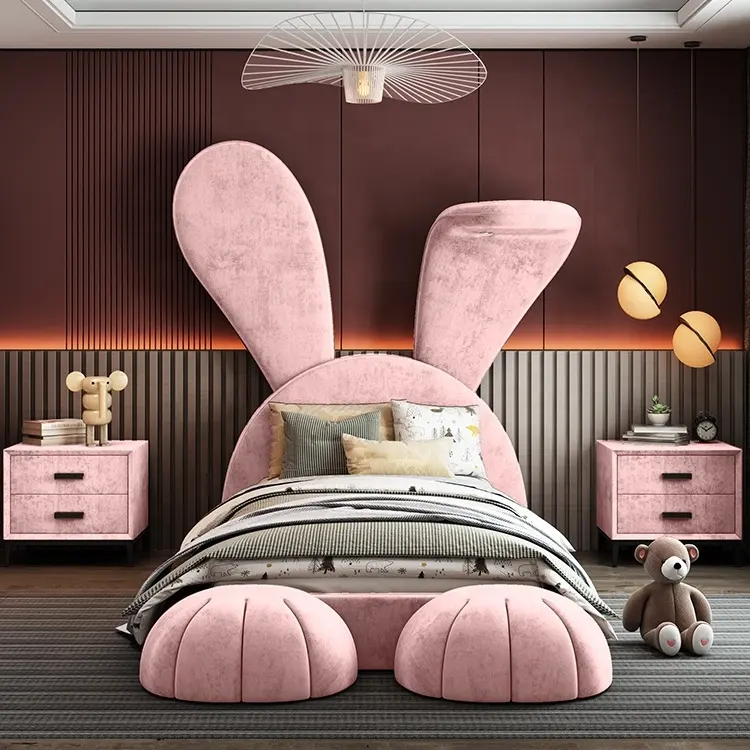 NOVA新しいバニーキッズベッドルーム家具ピンクプリンセスガールズベッドルームウサギデザイン子供用ベッド布張りファブリックガールズベッド