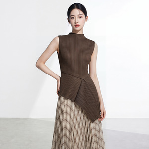 PY 2026 Lightweight Breathable Miyake Pleated <b>Asymmetrical</b> Sleeveless Tank <b>Tops</b> Summer 100% Polyester Quick Dry Women Bulk - Product Image 2