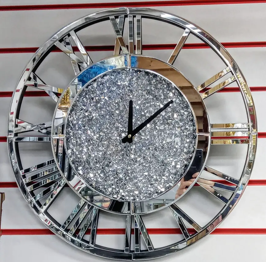 Venetian Jewel Frame Mirror Wall Clock 50cm square wall crushed diamante 