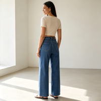 Jean droit taille haute pour femme, avec couture avant, en denim extensible large, bleu foncé, vente en gros usine