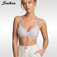 Soutien-gorge push-up sans couture et sans armatures, avec bretelles à lettres tendance, lingerie douce et soutien-gorge bralette froncé pour un effet lissant latéral