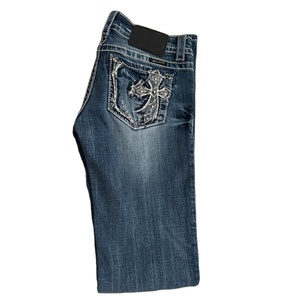 Jeans acampanados góticos Y2K con bordado de cruz al por mayor |   Vaqueros de tiro bajo y corte ajustado |   Indie Sleaze - Pantalones de mujer de secado rápido con corte bootcut - Product Image 1