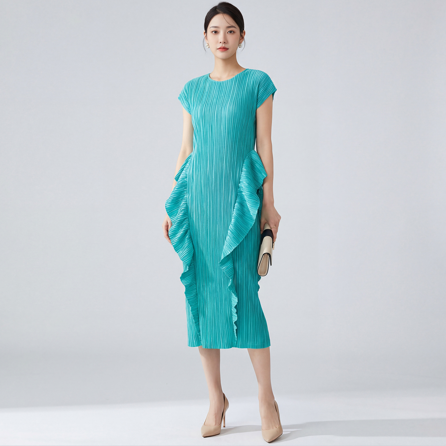 2026 Latest Design Women's Spring Summer Casual Dress with Ruffle Design  Mid-Length Miyake Pleated Dress| Alibaba.com