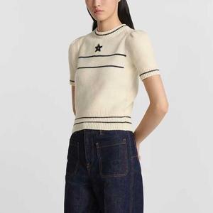 Kledingfabrikanten Op Maat Gemaakt Gratis Ontwerp Logo Jacquard Borduurwerk Korte Mouw Merinowol Gebreide Top Gebreide Trui Trui - Product Image 1