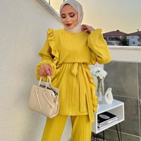 Ensemble de 2 pièces, abaya islamique pour femmes grandes tailles, costume décontracté, vêtements musulmans traditionnels, accessoires, jaune, polyester