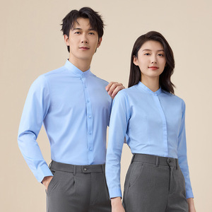 Unisex Stand-Collar Long-Sleeved Business Shirt Bamboo Fiber Workwear Gray Solid Color Zhongshan Style Uniform - Product Image 2