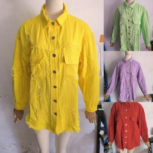 最新设计S-2xl中长牛仔夹克，带撕裂边缘和孔的女式秋冬长袖休闲翻领上衣 - Product Image 5