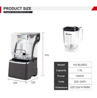 Mixeur professionnel multifonctionnel robuste pour cuisine d'hôtel, machine à smoothies, faible bruit, 1500W, 9 vitesses, sans BPA