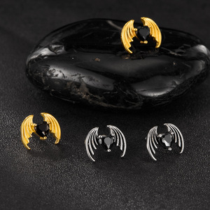 Cross-border European and American INS Fashion Titanium Steel Ear Studs for Men - Individualistic Devil Wings Black Heart Zircon - Product Image 5