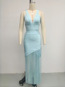 <span class=keywords><strong>Vestido</strong></span> Largo de Vendaje con Cuello en V, Espalda Descubierta, Diseño de Parches y Borlas, Color <span class=keywords><strong>Azul</strong></span> Menta, para Ramadán 2026, Fiesta de Año Nuevo - Product Image 3