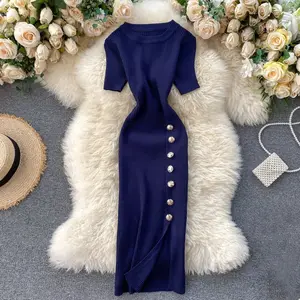 OEM özel moda yaz güz Casual kadın bayanlar giyim kısa kollu gevşek örme kazak elbise