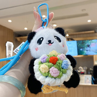 Adorable Porte-clés Pendentif Sac à Dos en Peluche Panda Géant Réaliste Tricoté avec Fleur, Cordon Tressé à la Main