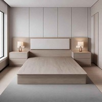 Modernes Hotel-Schlafzimmermöbel-Set in Grau mit Holzmaserung, California King, integriertes Wandkopfteil, solides Bettgestell mit Stauraum